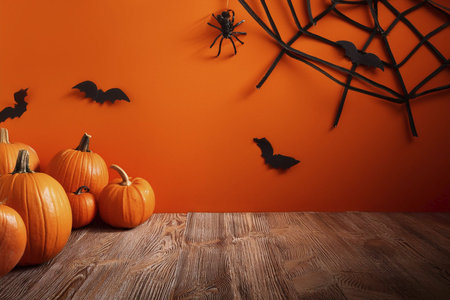 Halloween. halloween pumpkin Orange background. Orange background for Halloween design. Text 2024. Halloween pumpkin on wooden background. 3d render. halloween conceptの写真素材