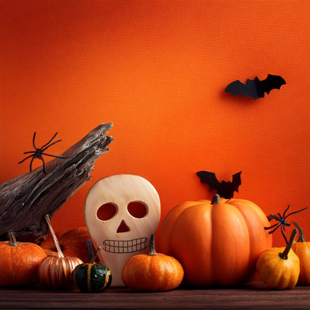 Halloween. halloween pumpkin Orange background. Orange background for Halloween design. Text 2024. Halloween pumpkin on wooden background. 3d render. halloween conceptの写真素材