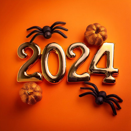 Halloween. halloween pumpkin Orange background. Orange background for Halloween design. Text 2024. Halloween pumpkin on wooden background. 3d render. halloween conceptの写真素材
