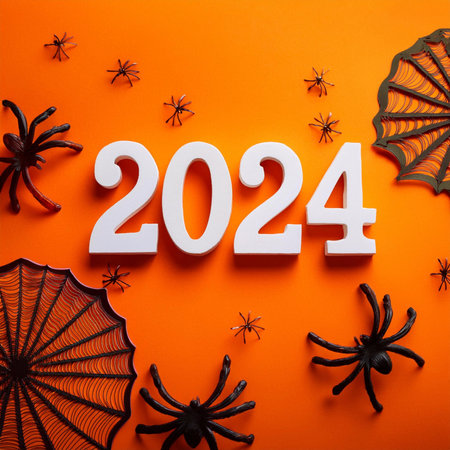 Halloween. halloween pumpkin Orange background. Orange background for Halloween design. Text 2024. Halloween pumpkin on wooden background. 3d render. halloween conceptの写真素材