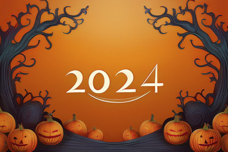 Halloween. halloween pumpkin Orange background. Orange background for Halloween design. Text 2024....