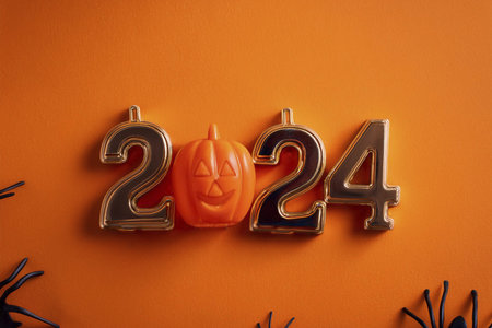 Halloween. halloween pumpkin Orange background. Orange background for Halloween design. Text 2024....
