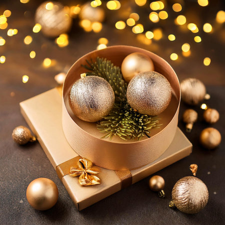 Christmas and New Year background. Golden Christmas balls in a gift box.