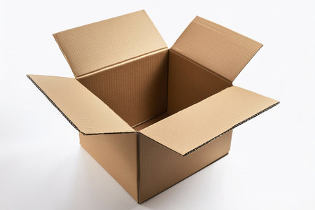 Box. Open cardboard box on white background. Mockup for design. Open cardboard box with white background. Isolated cardboard box. No background.の写真素材