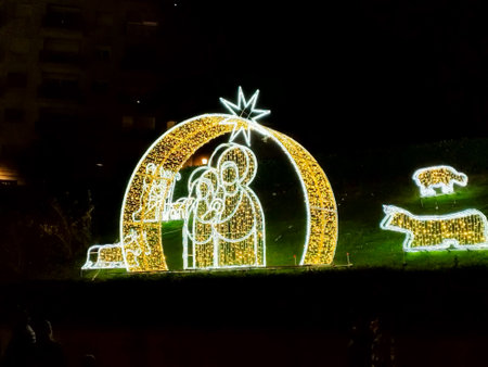 Christmas. Light. Christmas lights through the streets. Decorating streets of the city. Fir tree with Christmas lights. Christmas ball. On. December. 2024の写真素材