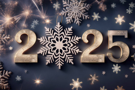 2025. Fireworks. Happy New Year 2025. Fireworks with the text 2025. Banner, background, postcard for...