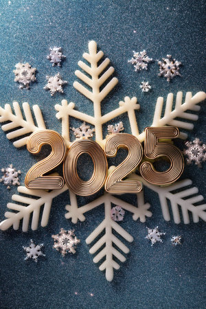 2025. Happy New Year 2025. Banner, background, postcard for congratulating the new year. Happy New Year 2025 greeting card. Shiny and spaの写真素材