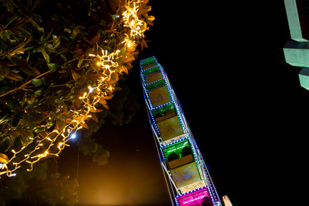 Ferris wheel. Noria. Christmas lights in Vigo, Pontevedra. Christmas decorations. Tourists strolling through its streets. Ferris wheel in the dark showing neon colors. VIGO. SPAIN.の写真素材