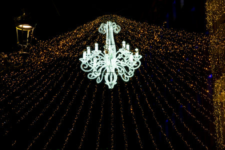 Christmas. Light. Christmas lights through the streets of Vigo. Decorating streets of the city. Fir tree with Christmas lights. Christmas ball. On. VIGO. SPAIN. December 23, 2024.の写真素材