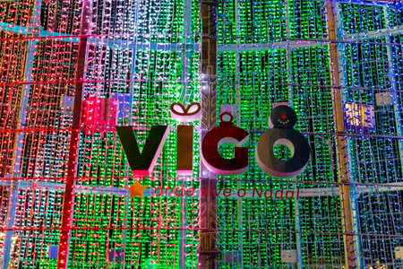Christmas. Light. Christmas lights through the streets of Vigo. Decorating streets of the city. Fir tree with Christmas lights. Christmas ball. On. VIGO. SPAIN. December 23, 2024.の写真素材