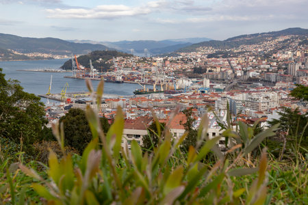 Vigo. View of the city of Vigo from Spain. View of the Atlantic coast. Atlantic Ocean. Background photo. Digital image. Panoramic view with drone. Aerial viewの写真素材