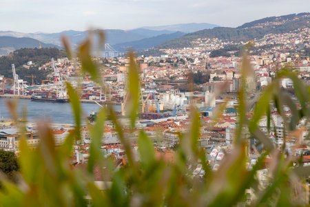 Vigo. View of the city of Vigo from Spain. View of the Atlantic coast. Atlantic Ocean. Background photo. Digital image. Panoramic view with drone. Aerial viewの写真素材