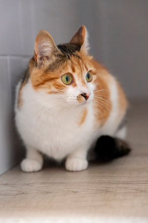 Cat. Portrait of a cat. Young three-colored cat lying on the floor. Cat sitting on the floor. Beautiful multi-colored cat in a house.の写真素材
