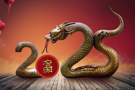 Chinese New Year. Chinese New Year 2025. Year of the Snake. With the text "2025". Fireworks. Happy New Year 2025. Banner, background, postcard for congratulating the neの写真素材