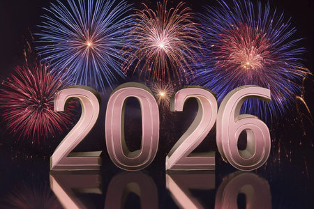 2026. Fireworks. Happy New Year 2026. Fireworks with the text 2026. Banner, background, postcard for...