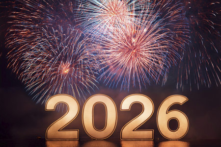 2026. Fireworks. Happy New Year 2026. Fireworks with the text 2026. Banner, background, postcard for...