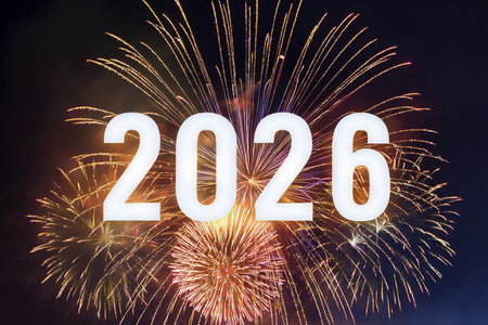2026. Fireworks. Happy New Year 2026. Fireworks with the text "2026". Banner, background, postcard for congratulating the new year.の写真素材