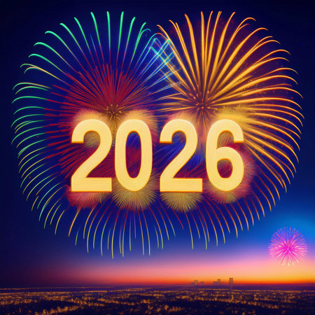 2026. Fireworks. Happy New Year 2026. Fireworks with the text 2026. Banner, background, postcard for...