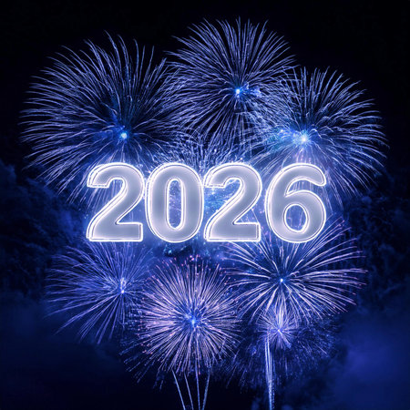 2026. Fireworks. Happy New Year 2026. Fireworks with the text "2026". Banner, background, postcard for congratulating the new year.の写真素材