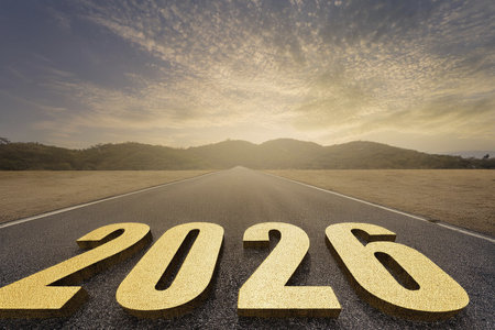 2020 new year on asphalt road with blue sky and cloud background.の写真素材
