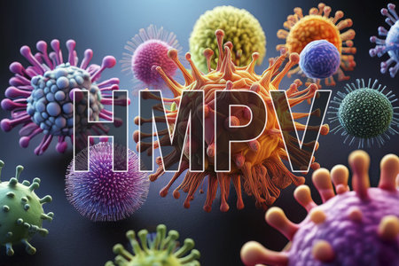 HMPV. Metapneumovirus. Virus. Virus 3d rendering. Medical concept. Covid 19. Flu. Hemorrhagic fever. Covid. Human metapneumovirus. Influenza. AB China. Pandemic. Children. Indiaの写真素材