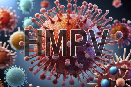 HMPV. Metapneumovirus. Virus. Virus 3d rendering. Medical concept. Covid 19. Flu. Hemorrhagic fever. Covid. Human metapneumovirus. Influenza. AB China. Pandemic. Children. Indiaの写真素材