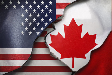 Canada vs United States. Flags. The president-elect repeated his suggestions that Canada should become the "51st state" following the resignation of Canadian leaderの写真素材