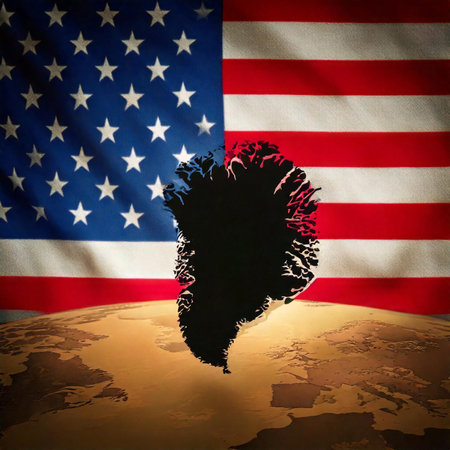Greenland. Silhouette of Greenland island on a map. USA flag in the background.の写真素材