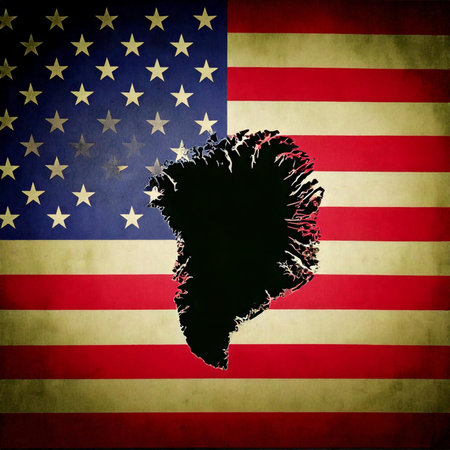Greenland. Silhouette of Greenland island on a map. USA flag in the background.