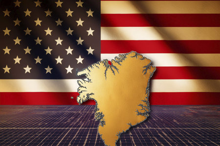Greenland. Silhouette of Greenland island on a map. USA flag in the background.の写真素材