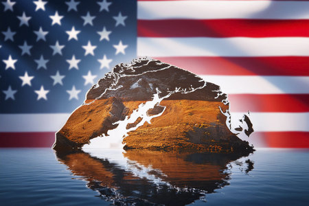 Greenland. Silhouette of Greenland island on a map. USA flag in the background.の写真素材