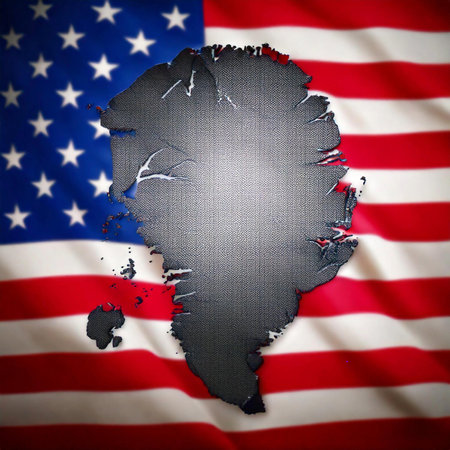 Greenland. Silhouette of Greenland island on a map. USA flag in the background.の写真素材