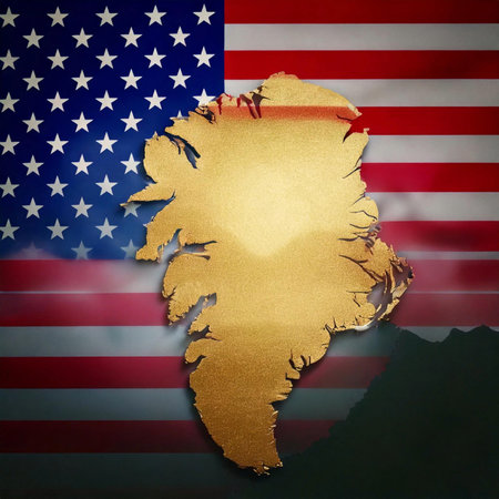 Greenland. Silhouette of Greenland island on a map. USA flag in the background.の写真素材