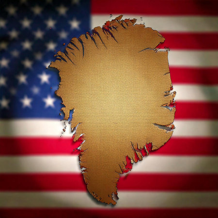 Greenland. Silhouette of Greenland island on a map. USA flag in the background.の写真素材