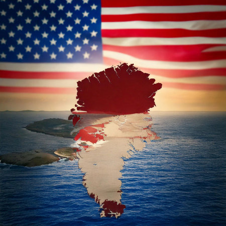 Greenland. Silhouette of Greenland island on a map. USA flag in the background.の写真素材