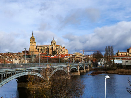 Salamanca. View of Salamanca and the Enrique Estevan bridge from the dock viewing point over the Tormes River. Traditional stone buildings. Salamanca Cathedral. SALAMANCA, SPAIN. 1の写真素材