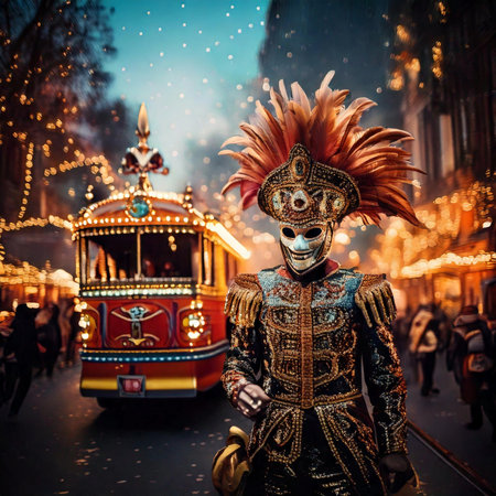 Carnival. Mask. Carnival design for the celebration event. Carnival combines elements such as costumes, groups singing couplets, parades and street parties.の写真素材