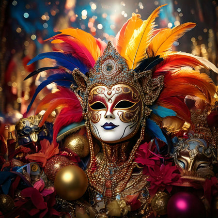 Carnival. Mask. Carnival design for the celebration event. Carnival combines elements such as costumes, groups singing couplets, parades and street parties.の写真素材
