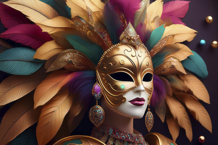 Beautiful woman with carnival mask and feathers. 3d renderingの写真素材