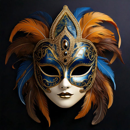 Beautiful Venetian mask with feathers on a black background.の写真素材