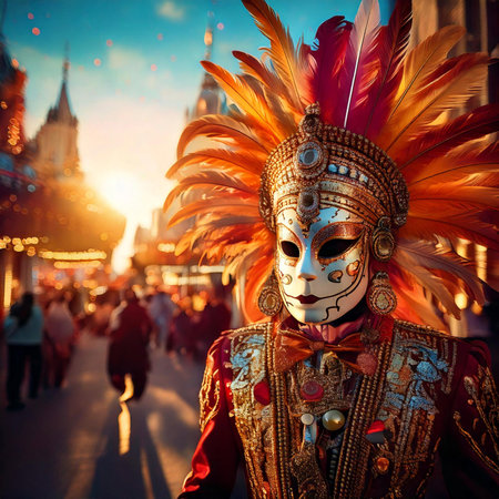 Venetian carnival mask at sunsetの写真素材