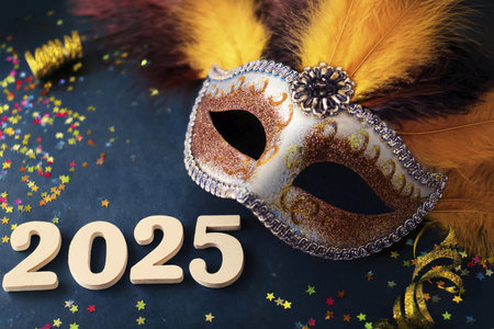 Carnival. Mask. 2025. Carnival design for the celebration event. Carnival combines elements such as costumes, groups singing couplets, parades and street parties. February. 2025.の写真素材