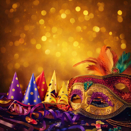 Carnival. Mask. Carnival design for the celebration event. Carnival combines elements such as costumes, groups singing couplets, parades and street parties.の写真素材