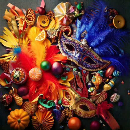Carnival. Mask. 2025. Carnival design for the celebration event. Carnival combines elements such as costumes, groups singing couplets, parades and street parties. February. 2025.の写真素材