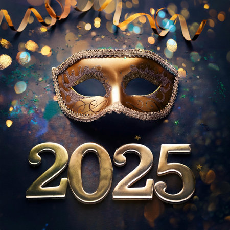Carnival. Mask. 2025. Carnival design for the celebration event. Carnival combines elements such as costumes, groups singing couplets, parades and street parties. February. 2025.の写真素材