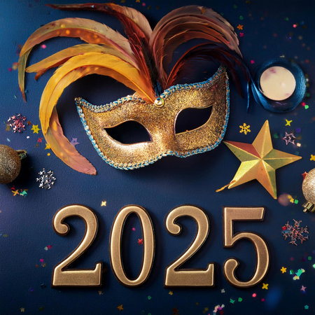 Carnival. Mask. 2025. Carnival design for the celebration event. Carnival combines elements such as costumes, groups singing couplets, parades and street parties. February. 2025.の写真素材