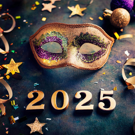 Carnival. Mask. 2025. Carnival design for the celebration event. Carnival combines elements such as costumes, groups singing couplets, parades and street parties. February. 2025.の写真素材