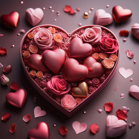 Valentines day background with hearts and roses on a dark background