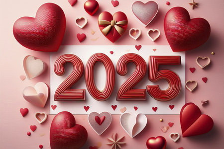 Happy new year 2023 with red hearts on pink background. 3d illustration