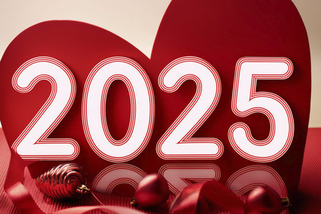 Red heart with the number 2015 on a red background with Christmas decoration